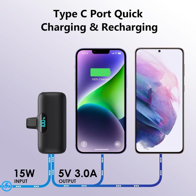 [2 Pack]Mini Portable Charger 5000mAh,Ultra-Compact 15W PD Fast Charging Power Bank,LCD Display Cute Battery Pack Backup Charger Compatible with iPhone 14/14 Pro Max/13/13 Pro/12/XR/8/7/6-Black+White - Image 6